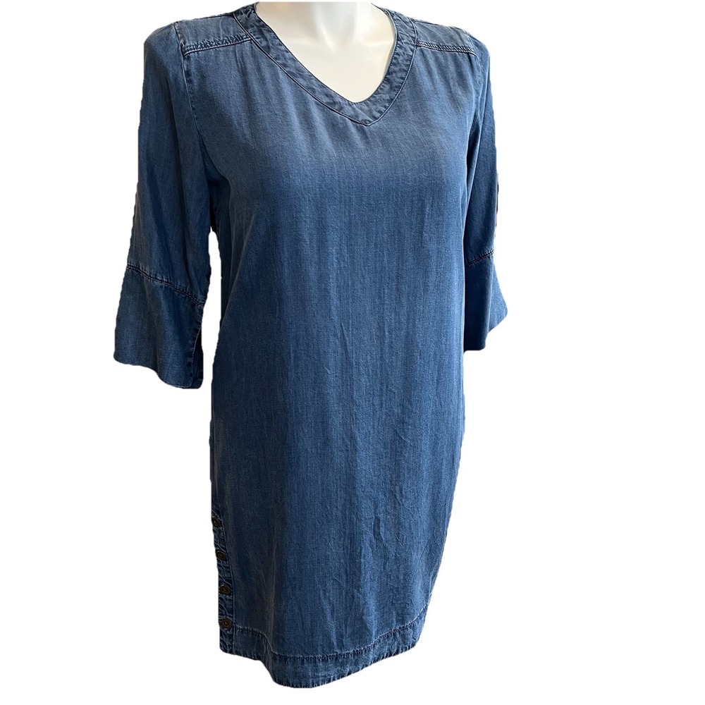 Chambray Denim Style Shift Dress Women's‎ M Lyocell Modest Resortwear  V Neck